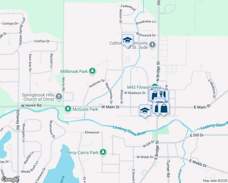 map of restaurants, bars, coffee shops, grocery stores, and more near 317 Wilson Street in DeWitt