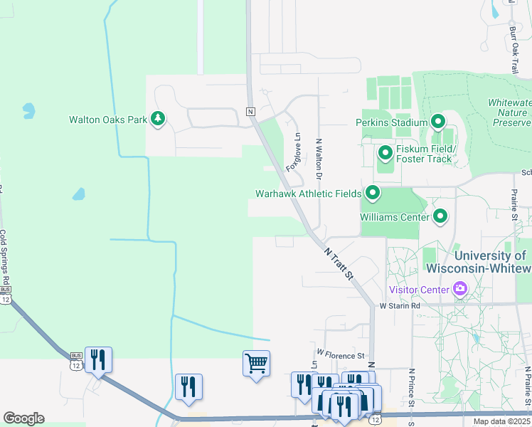 map of restaurants, bars, coffee shops, grocery stores, and more near 524 North Tratt Street in Whitewater