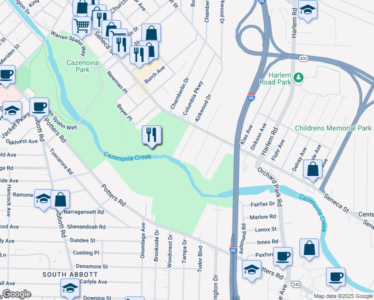 map of restaurants, bars, coffee shops, grocery stores, and more near 18 Wichita Road in West Seneca