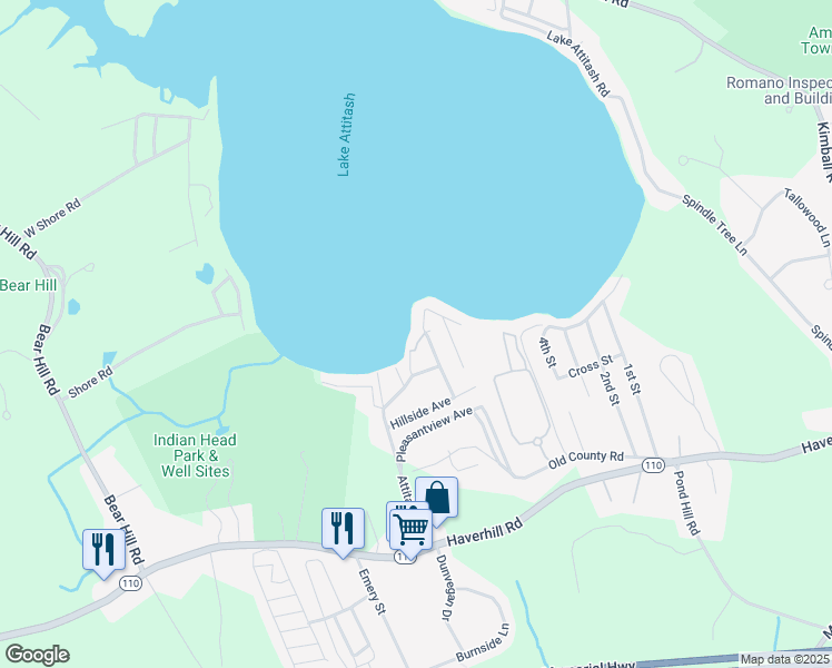 map of restaurants, bars, coffee shops, grocery stores, and more near 2 Oak Circle in Merrimac