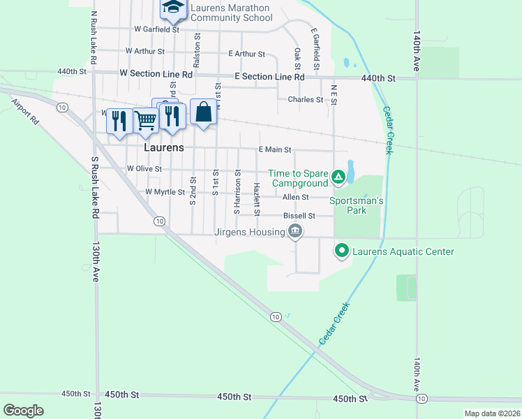 map of restaurants, bars, coffee shops, grocery stores, and more near 200-216 E Myrtle St in Laurens
