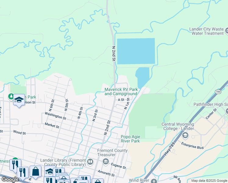 map of restaurants, bars, coffee shops, grocery stores, and more near 1305 North 2nd Street in Lander