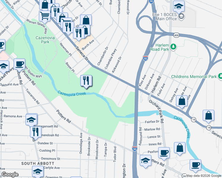 map of restaurants, bars, coffee shops, grocery stores, and more near 18 Wichita Road in West Seneca