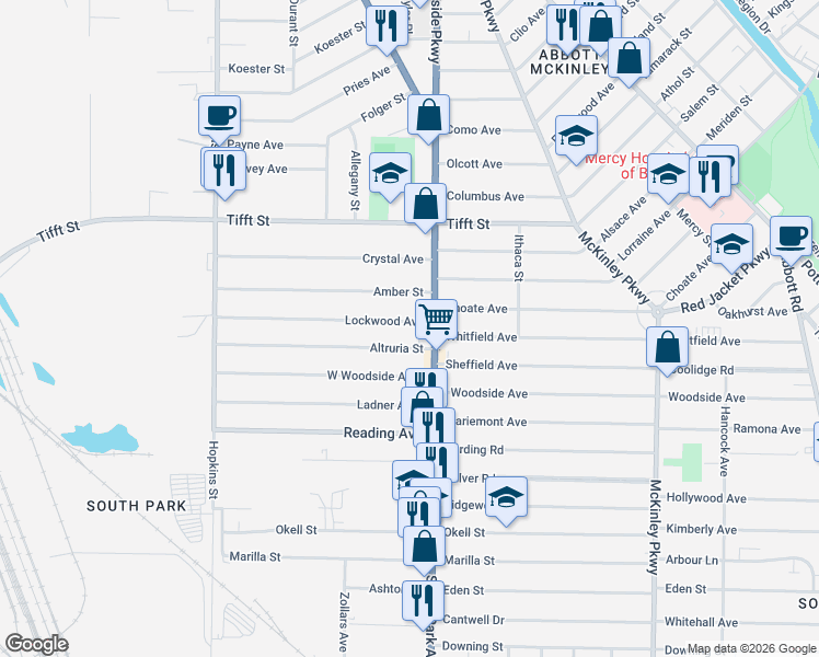 map of restaurants, bars, coffee shops, grocery stores, and more near 192 Lockwood Avenue in Buffalo