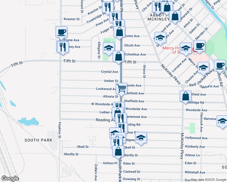 map of restaurants, bars, coffee shops, grocery stores, and more near 192 Lockwood Avenue in Buffalo