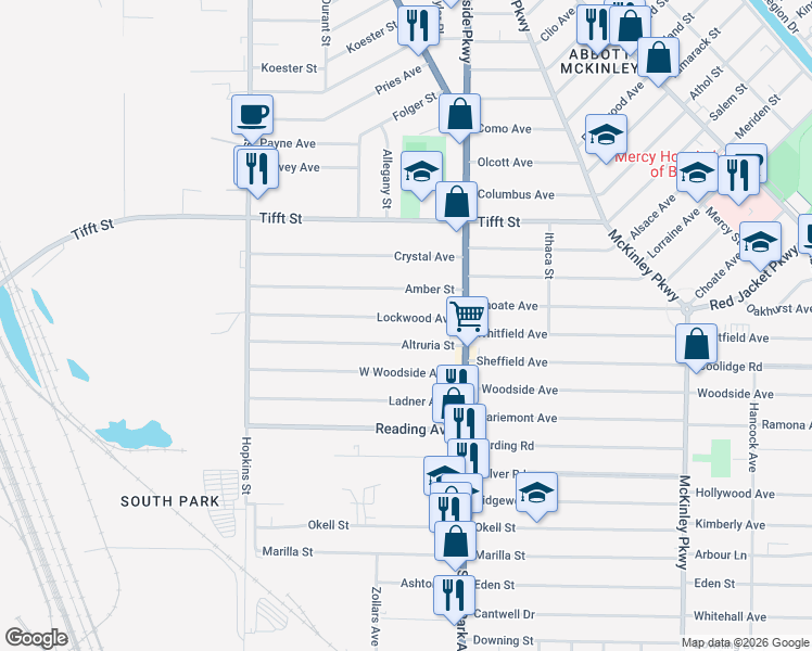 map of restaurants, bars, coffee shops, grocery stores, and more near 156 Lockwood Avenue in Buffalo