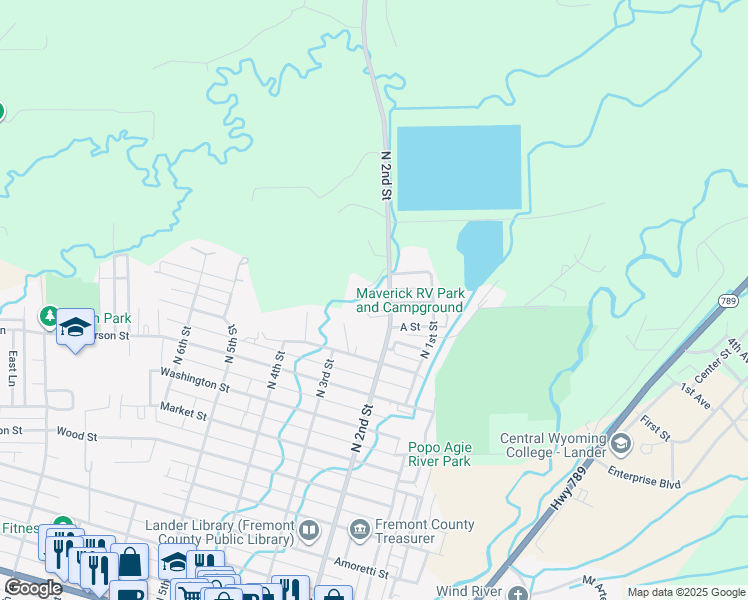 map of restaurants, bars, coffee shops, grocery stores, and more near 1305 North 2nd Street in Lander