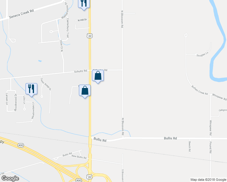 map of restaurants, bars, coffee shops, grocery stores, and more near 600 North Blossom Road in Erie County