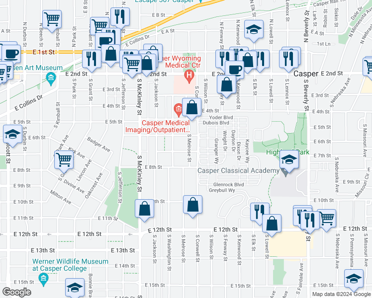 map of restaurants, bars, coffee shops, grocery stores, and more near 1242 East 7th Street in Casper