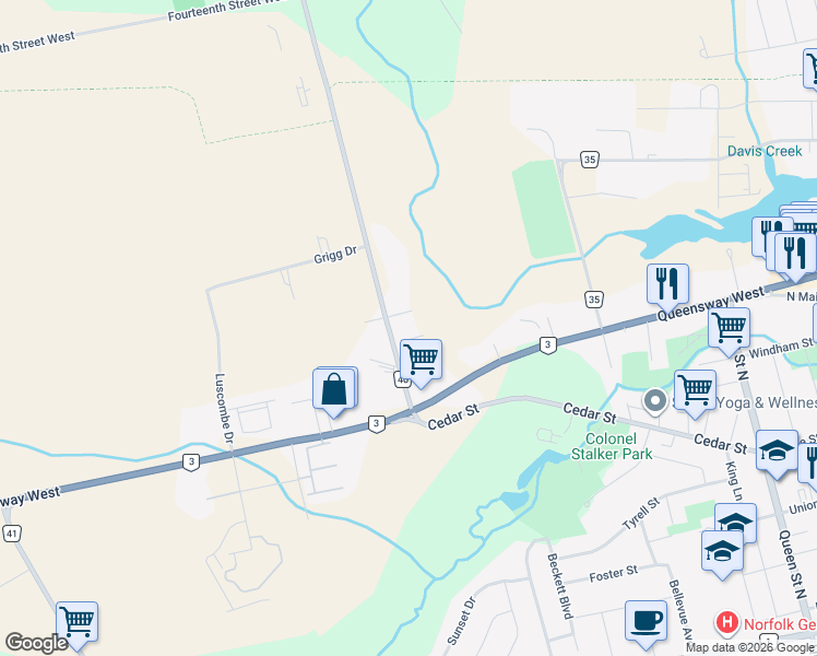 map of restaurants, bars, coffee shops, grocery stores, and more near 37 Park Road in Simcoe