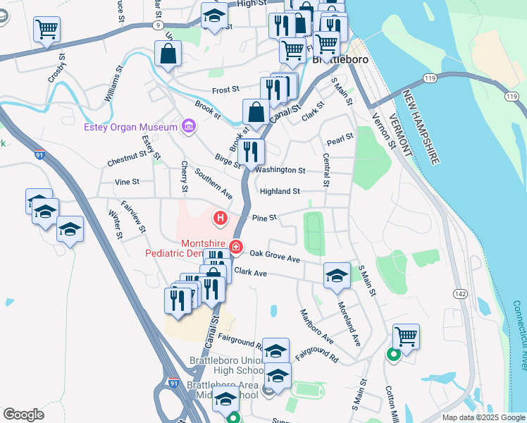 map of restaurants, bars, coffee shops, grocery stores, and more near 276 Canal Street in Brattleboro