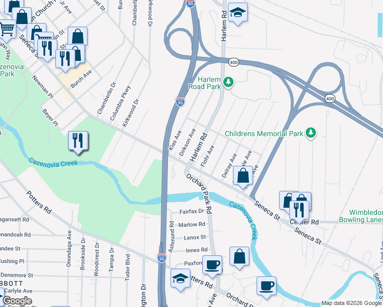 map of restaurants, bars, coffee shops, grocery stores, and more near 41 Dirkson Avenue in West Seneca