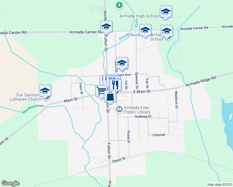 map of restaurants, bars, coffee shops, grocery stores, and more near in Armada