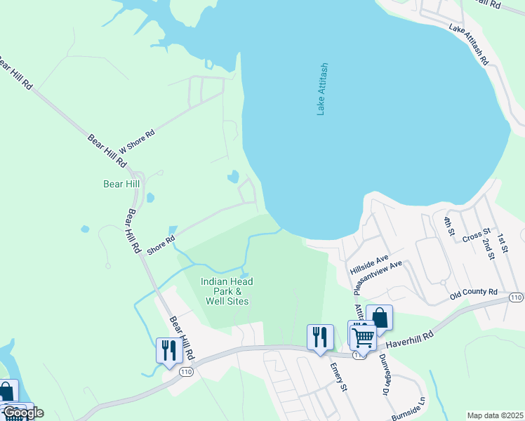 map of restaurants, bars, coffee shops, grocery stores, and more near 3 Shore Road in Merrimac