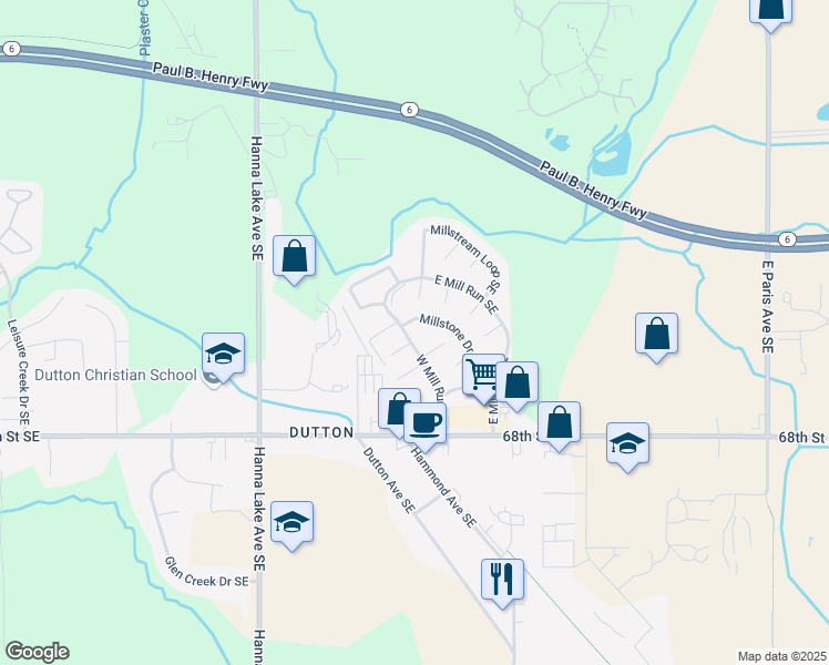 map of restaurants, bars, coffee shops, grocery stores, and more near 6658 West Mill Run Southeast in Caledonia