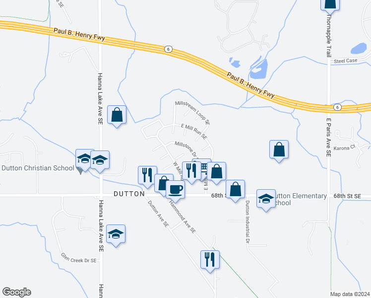 map of restaurants, bars, coffee shops, grocery stores, and more near 6644 Millstone Drive Southeast in Caledonia