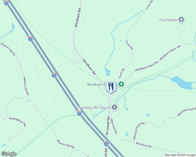 map of restaurants, bars, coffee shops, grocery stores, and more near 125 North Lowell Road in Windham