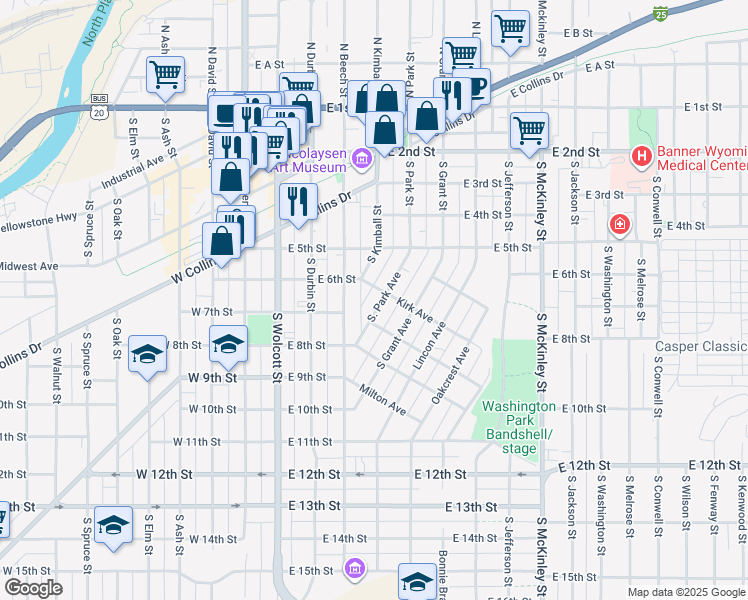map of restaurants, bars, coffee shops, grocery stores, and more near 443 Kirk Avenue in Casper