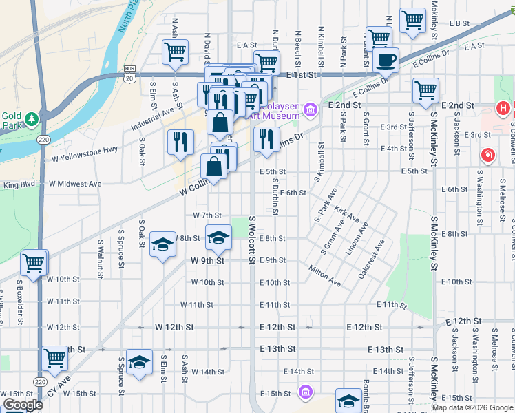 map of restaurants, bars, coffee shops, grocery stores, and more near 227 East 6th Street in Casper