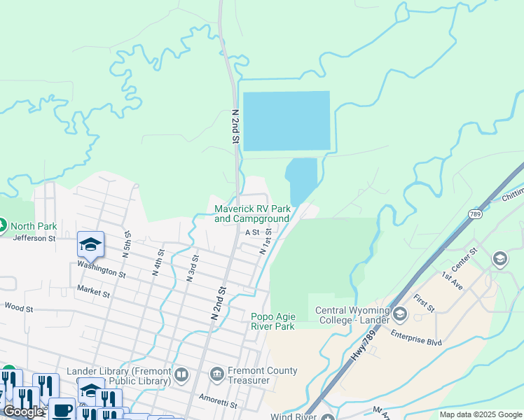 map of restaurants, bars, coffee shops, grocery stores, and more near 1280-1298 North 1st Street in Lander