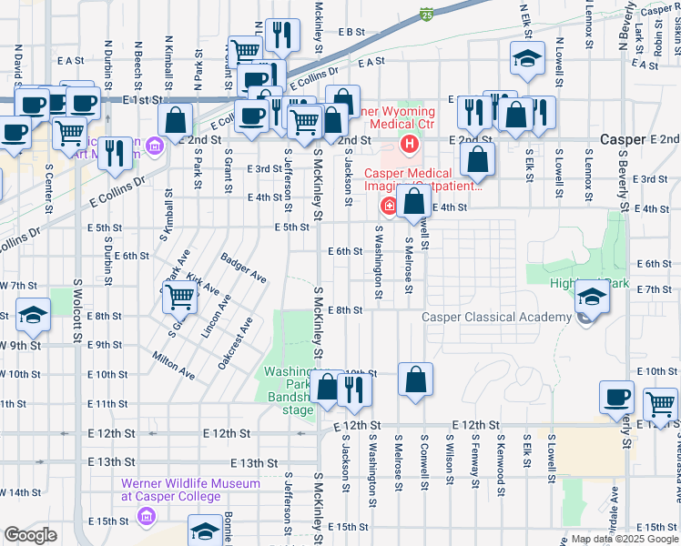map of restaurants, bars, coffee shops, grocery stores, and more near 636 South Jackson Street in Casper
