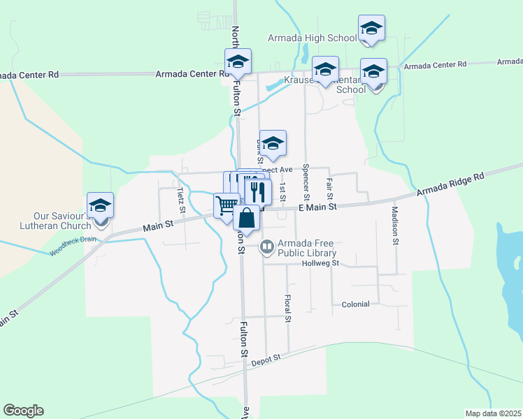 map of restaurants, bars, coffee shops, grocery stores, and more near in Armada