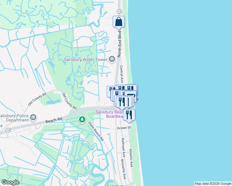 map of restaurants, bars, coffee shops, grocery stores, and more near 17 Old Town Way in Salisbury