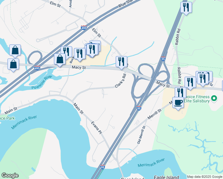 map of restaurants, bars, coffee shops, grocery stores, and more near 20 Clark's Road in Amesbury