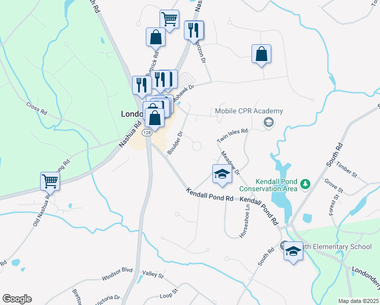 map of restaurants, bars, coffee shops, grocery stores, and more near 33 Boulder Drive in Londonderry
