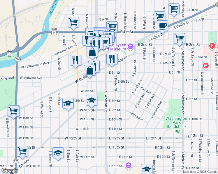 map of restaurants, bars, coffee shops, grocery stores, and more near 227 East 6th Street in Casper