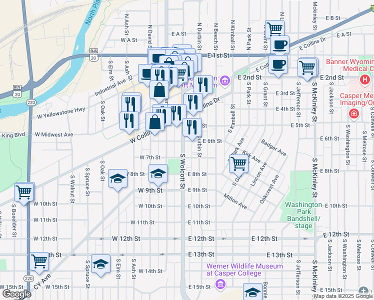 map of restaurants, bars, coffee shops, grocery stores, and more near 227 East 6th Street in Casper
