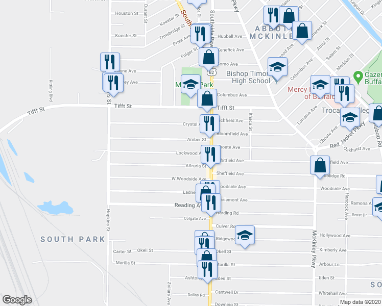 map of restaurants, bars, coffee shops, grocery stores, and more near 184 Lockwood Avenue in Buffalo