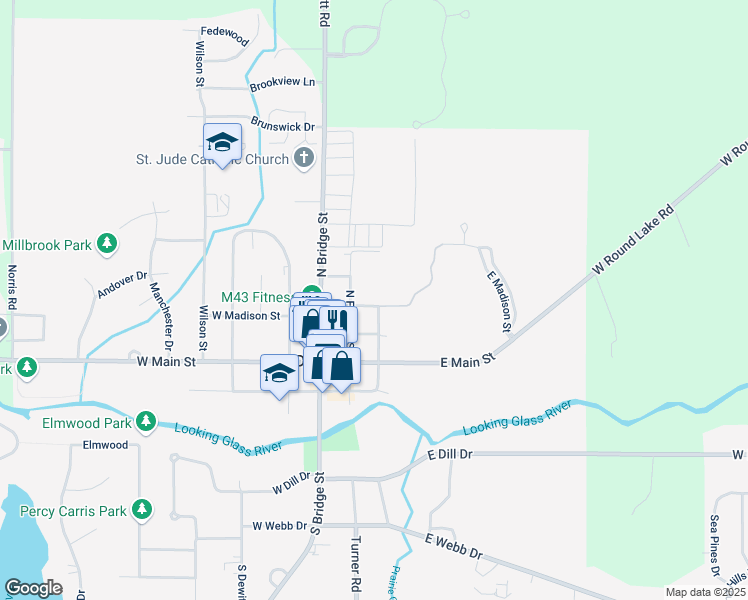 map of restaurants, bars, coffee shops, grocery stores, and more near 213 East Madison Street in DeWitt
