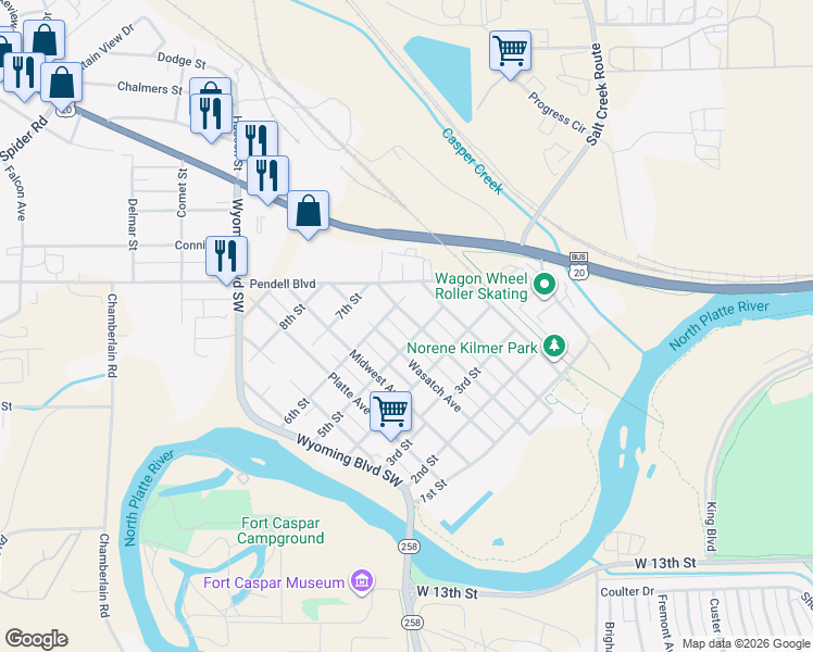 map of restaurants, bars, coffee shops, grocery stores, and more near 302 6th Street in Mills