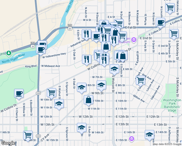 map of restaurants, bars, coffee shops, grocery stores, and more near 631 S Ash St in Casper