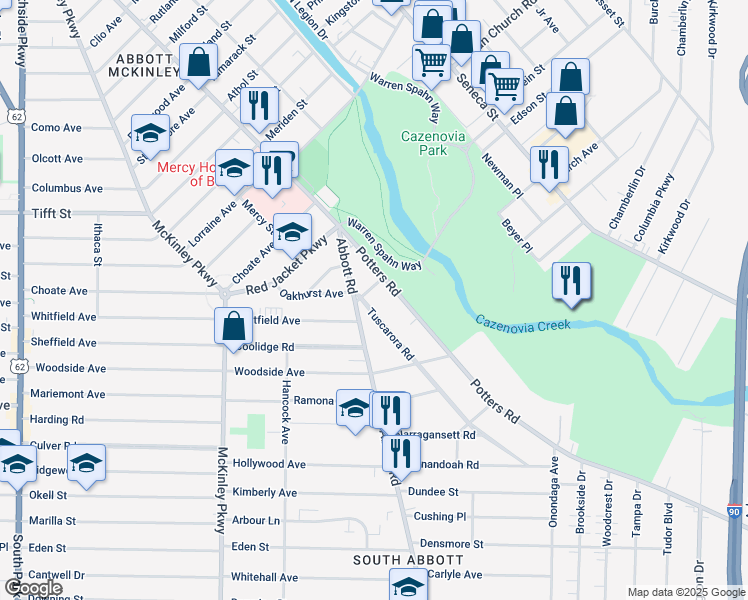 map of restaurants, bars, coffee shops, grocery stores, and more near 85 Potters Road in Buffalo