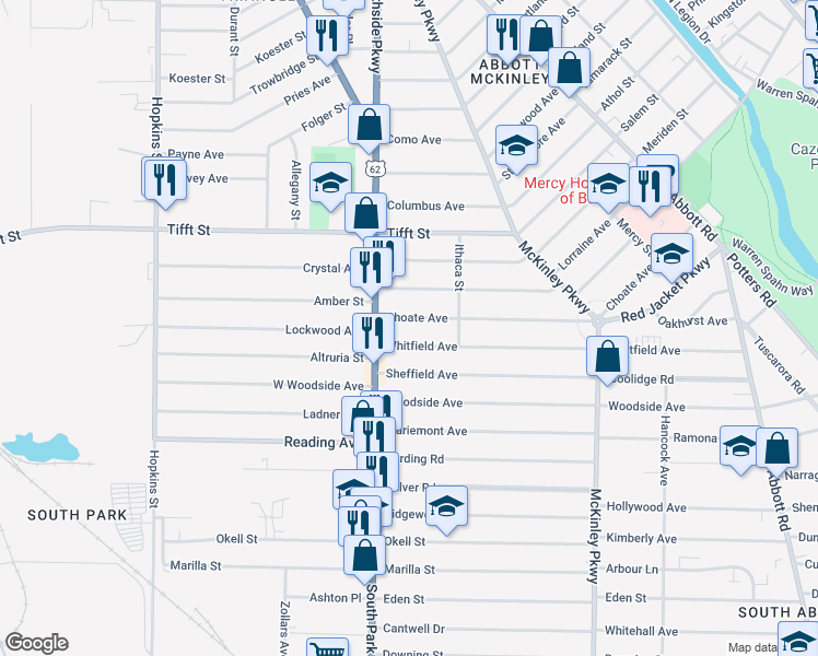 map of restaurants, bars, coffee shops, grocery stores, and more near in Buffalo