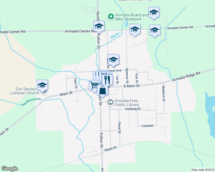 map of restaurants, bars, coffee shops, grocery stores, and more near in Armada
