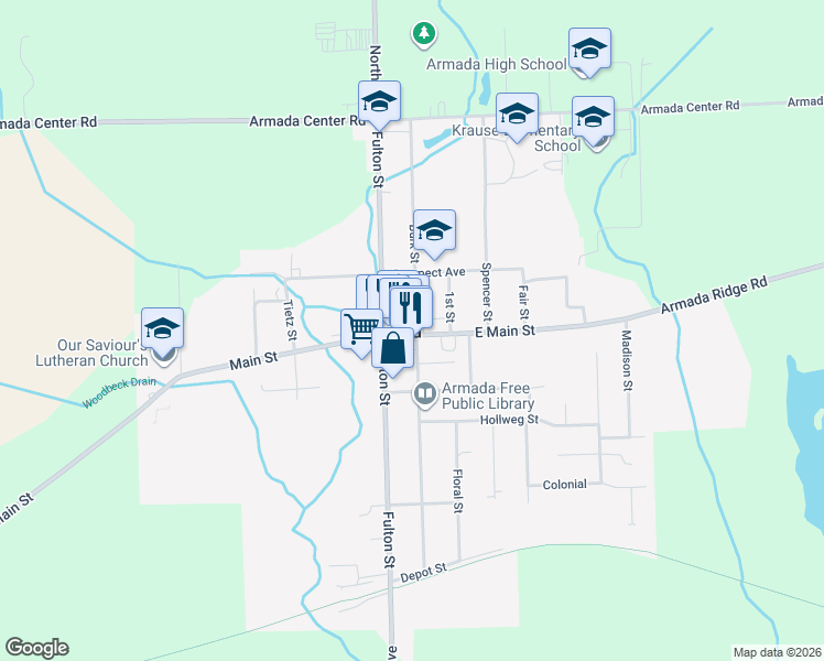 map of restaurants, bars, coffee shops, grocery stores, and more near in Armada