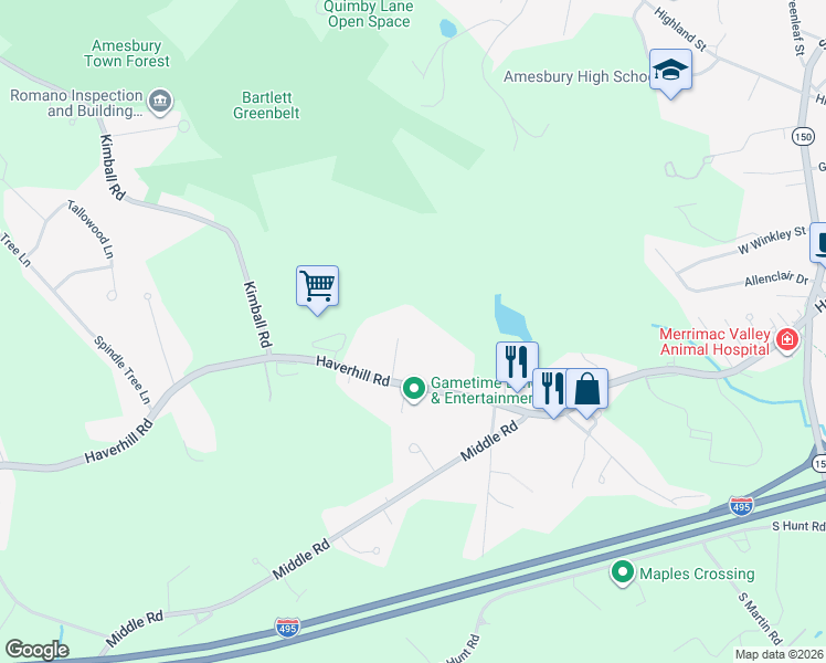 map of restaurants, bars, coffee shops, grocery stores, and more near 87 Haverhill Road in Amesbury