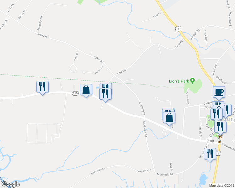 map of restaurants, bars, coffee shops, grocery stores, and more near 6 Bartlett Street in Salisbury