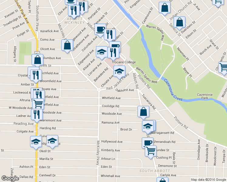 map of restaurants, bars, coffee shops, grocery stores, and more near 27 Red Jacket Parkway in Buffalo