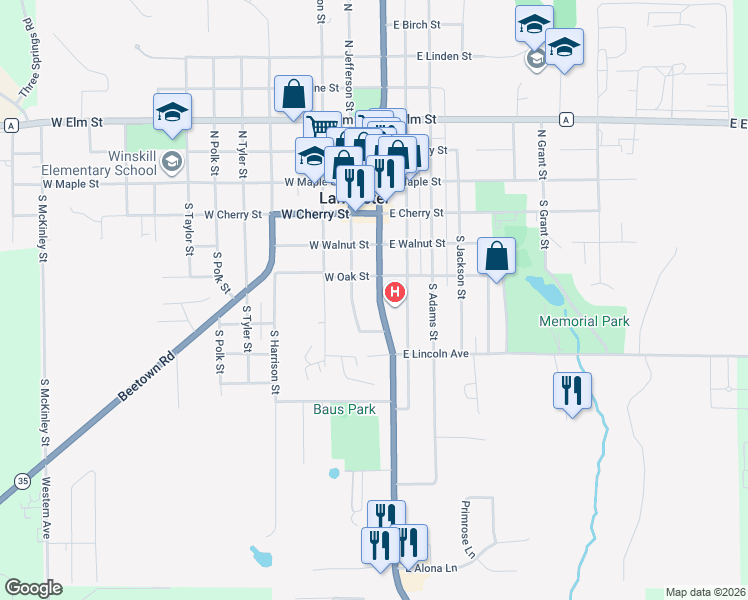 map of restaurants, bars, coffee shops, grocery stores, and more near 500 South Madison Street in Lancaster