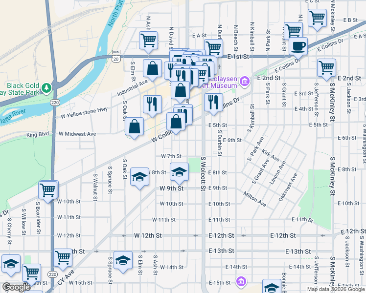 map of restaurants, bars, coffee shops, grocery stores, and more near 133 West 6th Street in Casper