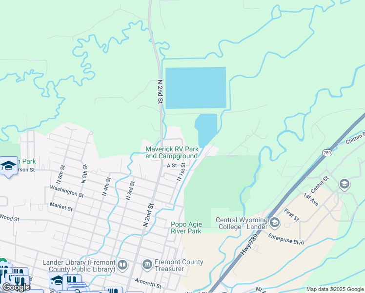 map of restaurants, bars, coffee shops, grocery stores, and more near 1280 North 1st Street in Lander