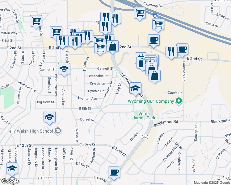 map of restaurants, bars, coffee shops, grocery stores, and more near 649 Long Ln in Casper
