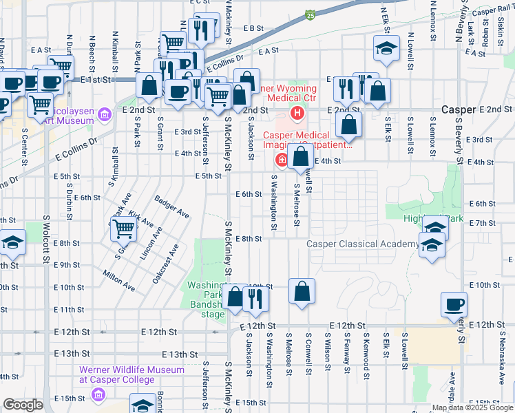 map of restaurants, bars, coffee shops, grocery stores, and more near 611 South Jackson Street in Casper