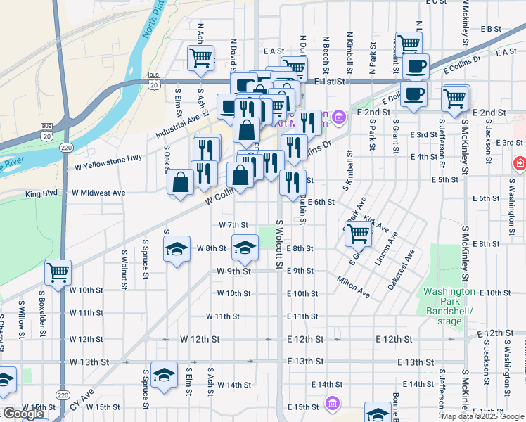map of restaurants, bars, coffee shops, grocery stores, and more near 29 East 6th Street in Casper