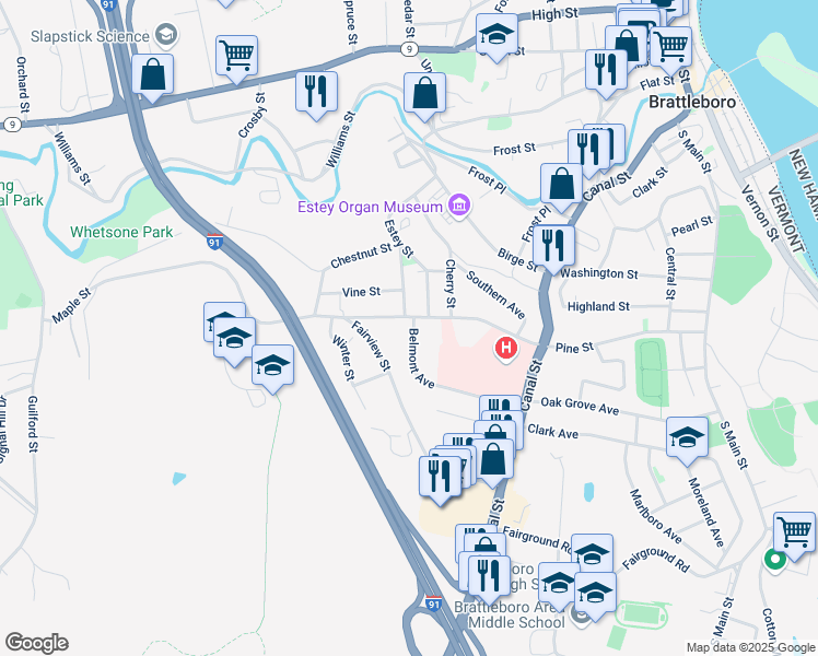 map of restaurants, bars, coffee shops, grocery stores, and more near 150 Maple Street in Brattleboro