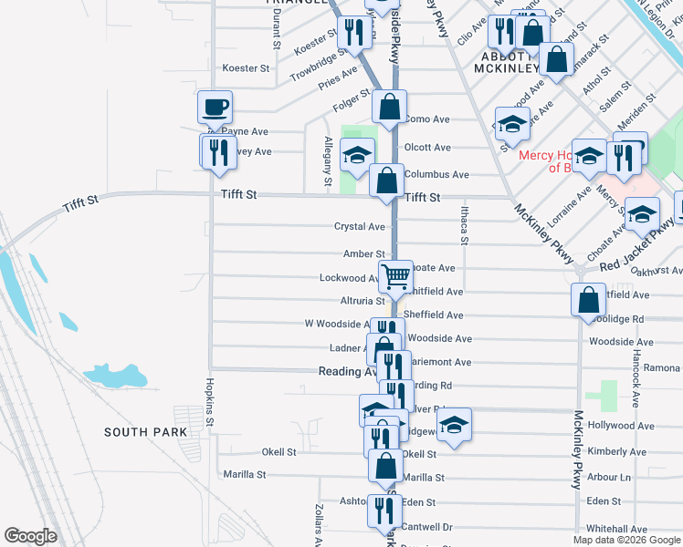 map of restaurants, bars, coffee shops, grocery stores, and more near 156 Lockwood Avenue in Buffalo